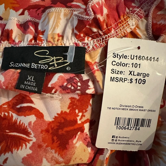 Suzanne Betro tie notch neck smock waist dress size XL - Picture 8 of 9